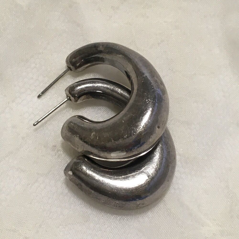 Sterling Silver Hoop Earrings Chunky Rustic Southwestern Pierced Hollow